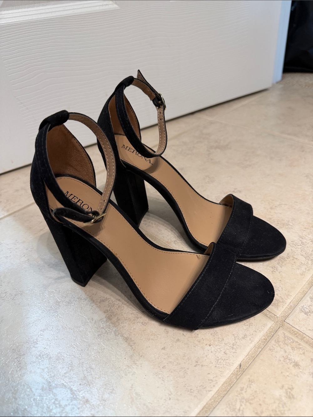 Merona Black Suede Block Heel Ankle-Strap Sandals